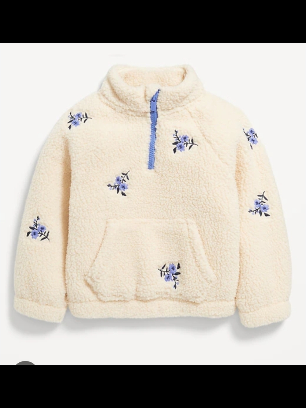 Old Navy Cream Sherpa Half-Zip Hoodie with Blue Floral Embroidery